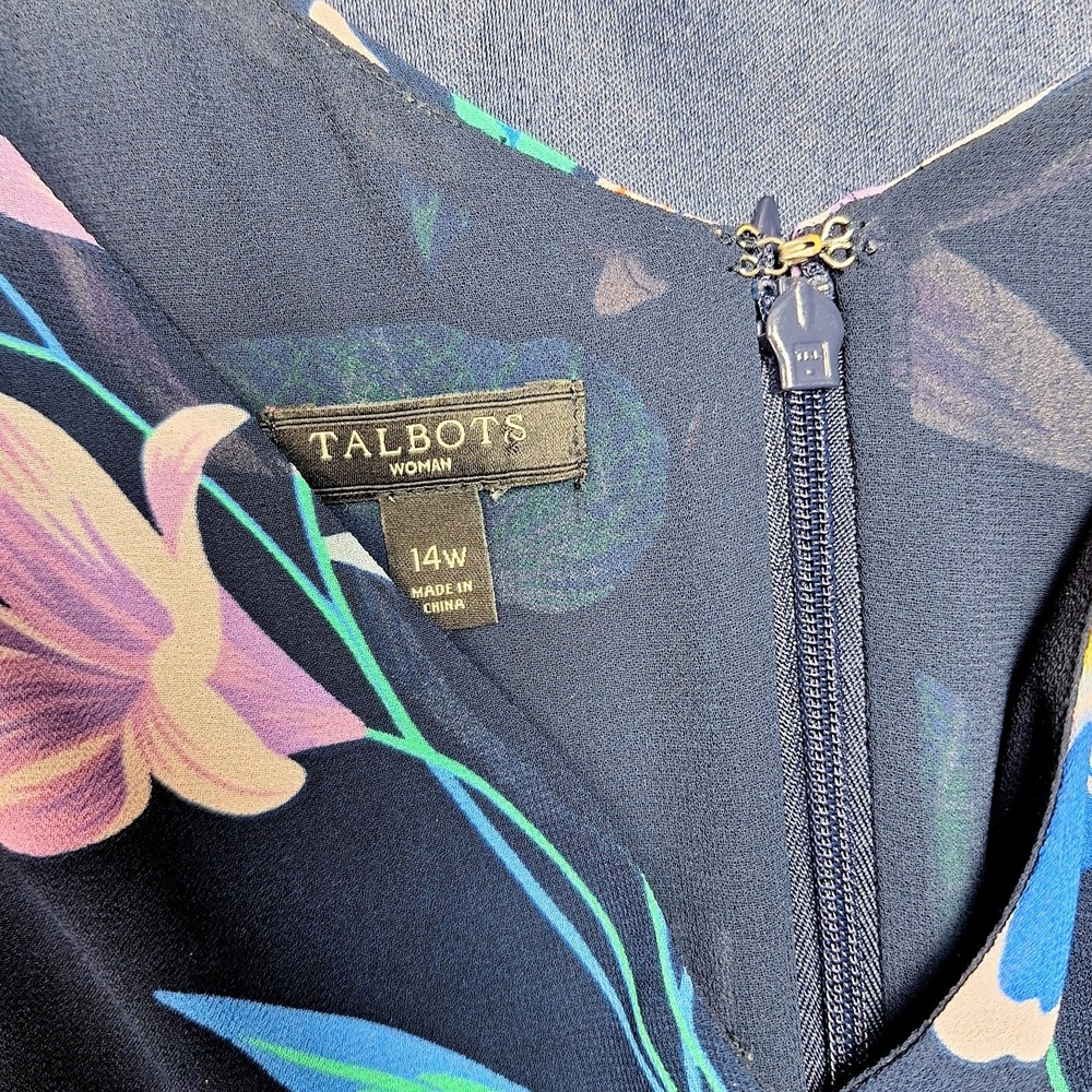 Talbots 14 Navy Floral Chiffon Midi Dress Fit Flare Pleat Garden Party Cocktail - Picture 3 of 9